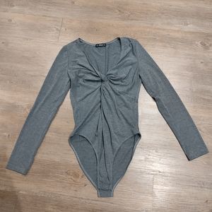 Grey twist front long sleeve bodysuit